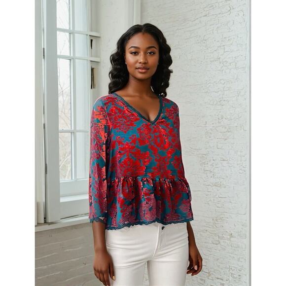 POL Women’s Red Floral Velvet Burnout Babydoll Oversized Boho Top Sz S - Picture 4 of 7